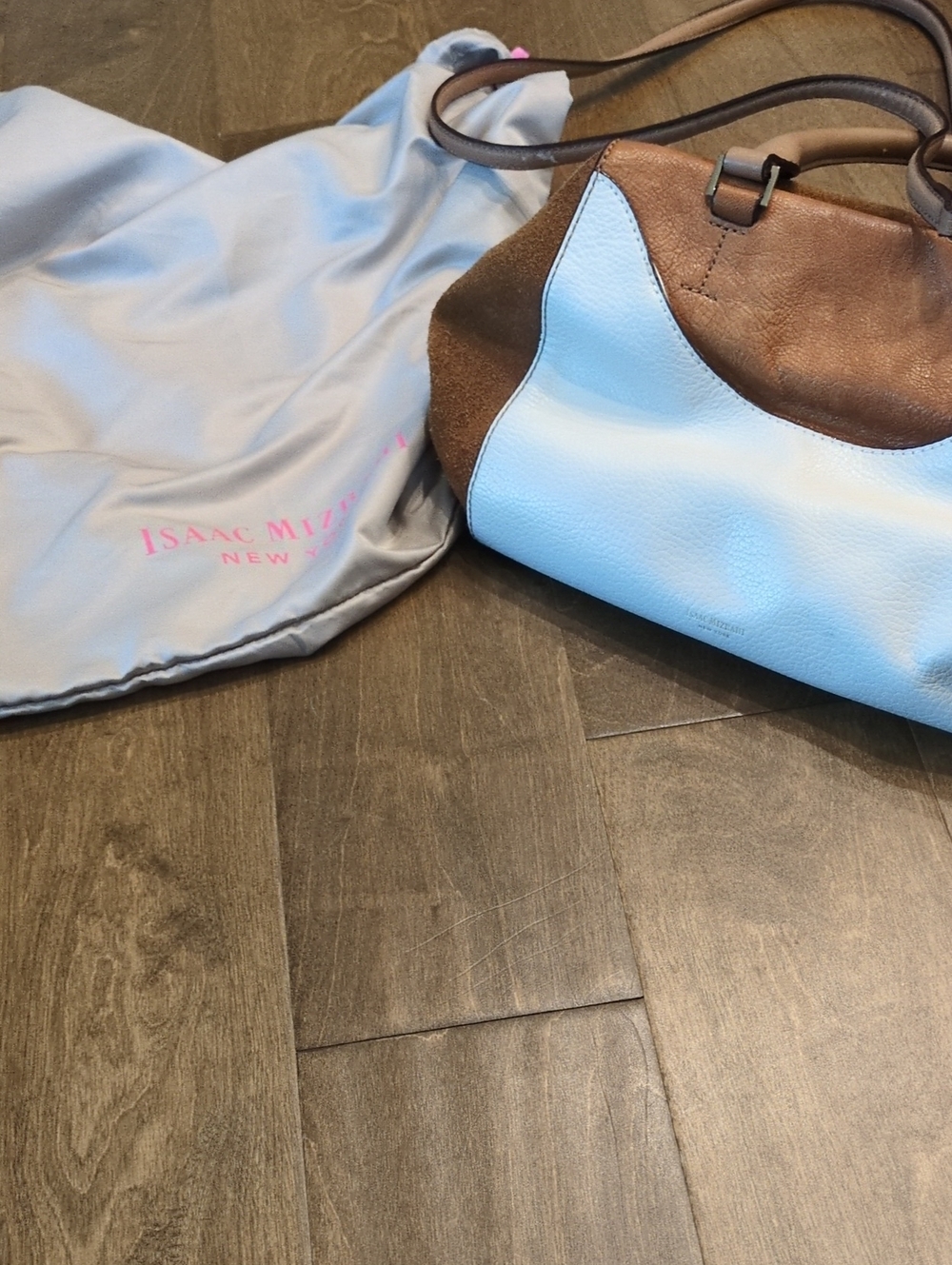 Isaac Mizrahi Brown and Light Blue Leather Shoulder Bag With Handles